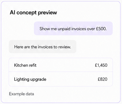AI concept showing a request for unpaid invoices over £500 and two example balances of £1,450 and £820.