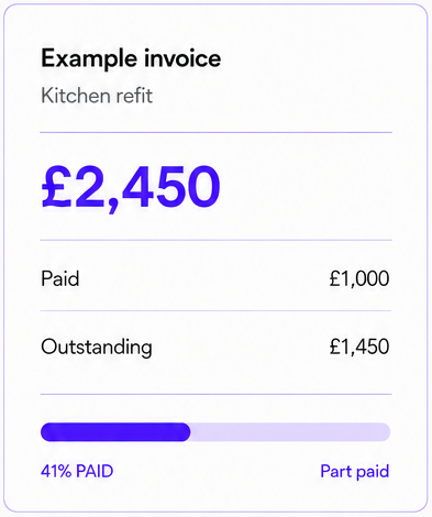 Example £2,450 kitchen refit invoice with £1,000 paid and £1,450 outstanding.
